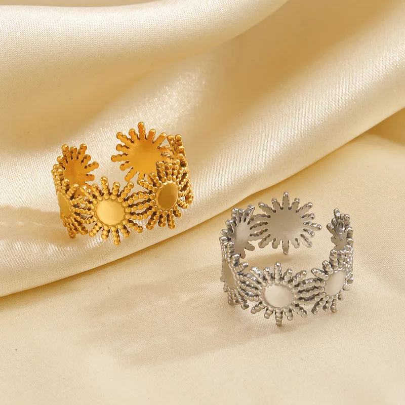Wholesale Ion Plating (IP) 18K Gold Plated Sun 304 Stainless Steel Vintage Style Waterproof Non Tarnish Open Rings