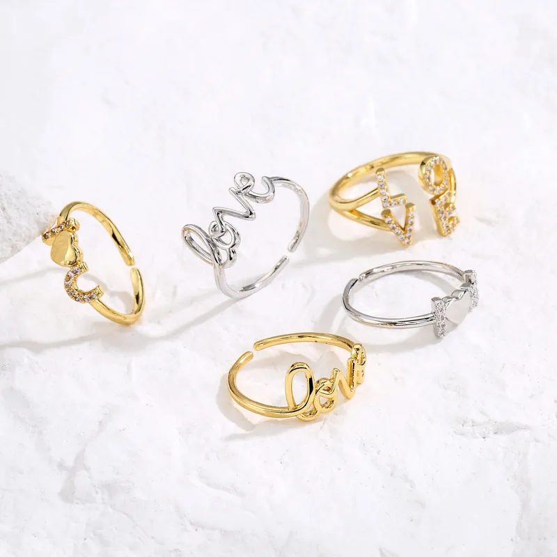 Wholesale Fashion Copper Gold Plated Love English Letter Micro-set Zircon Open Ring