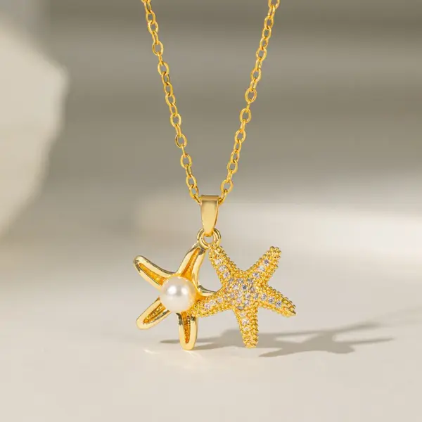 304 Stainless Steel 18K Gold Plated Casual Simple Style Commute Polishing Inlay Starfish Dolphin Flower Acrylic Artificial Rhinestones Pearl Pendant Necklace