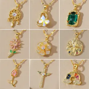 Wholesale 201 Stainless Steel Brass 18K Gold Plated Inlay Rainbow Star Flower Zircon Pendant Necklace