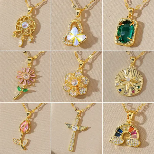 Wholesale 201 Stainless Steel Brass 18K Gold Plated Inlay Rainbow Star Flower Zircon Pendant Necklace