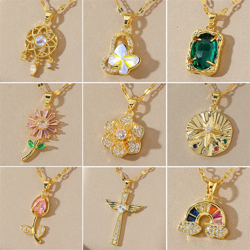 Wholesale 201 Stainless Steel Brass 18K Gold Plated Inlay Rainbow Star Flower Zircon Pendant Necklace