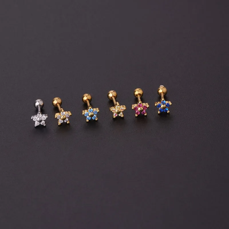 Wholesale Copper Artificial Gemstones Ear Cartilage Rings & Studs Flower Waterproof Non Tarnish Surgical Steel