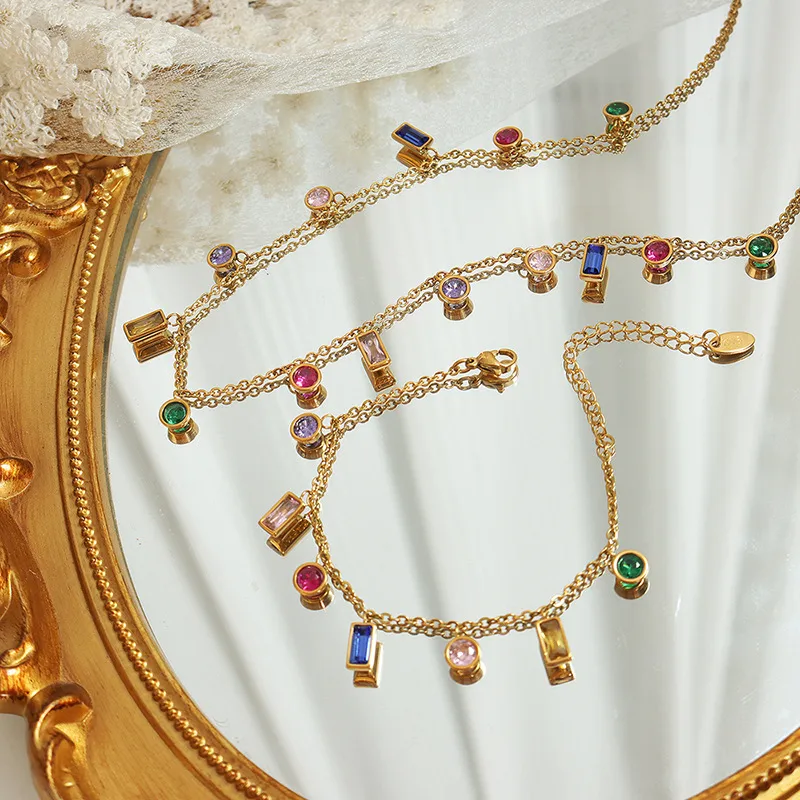 Wholesale Alloy Titanium Steel Geometric PVD Coated Glass Zircon 18K Gold Plated IG Style Shiny Inlay Colour Jewelry Set