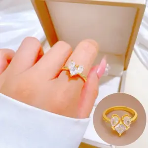 【F1162】Large Heart Zircon Ring / Gold