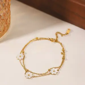 J05019-Double Layer White Flower-Anklet- Gold