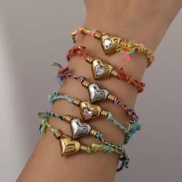 Wholesale Handmade Love Heart Pendant Zircon Embedded Stainless Steel 18K Gold Plated Cotton Rope Bracelet Sweet Cute Jewelry Accessory