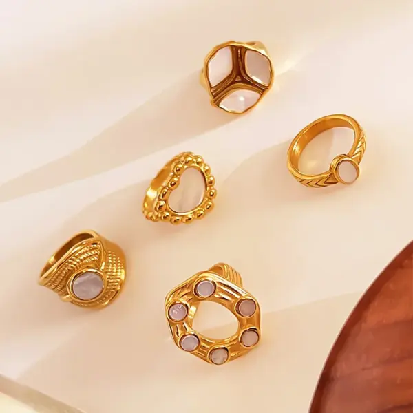 Wholesale 304 Stainless Steel Geometric Heart Shape PVD Coated Shell Real Gold Plated Retro French Style Waterproof Non Tarnish Irregular Surgical Steel Gold Rings