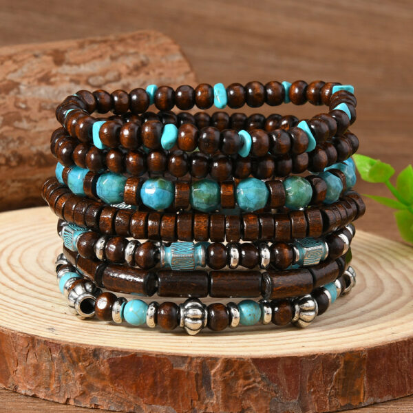 Wholesale Vintage wooden and stone beaded 7-piece bracelet