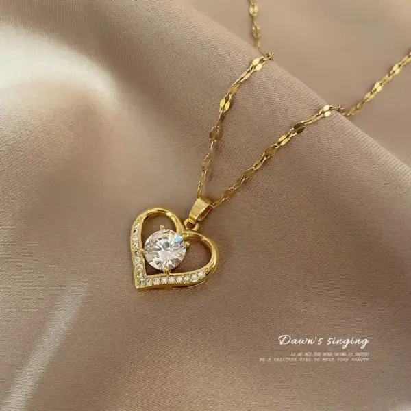 Real Gold Plated 304 Stainless Steel PVD Coated Zircon Heart Shape Waterproof Non Tarnish Fashion Pendant Necklace For Women'S