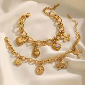 Wholesale Ion Plating (IP) 18K Gold Plated Cross Heart Shape Flower 304 Stainless Steel Elegant Religion Artistic Multi Charms Bracelet