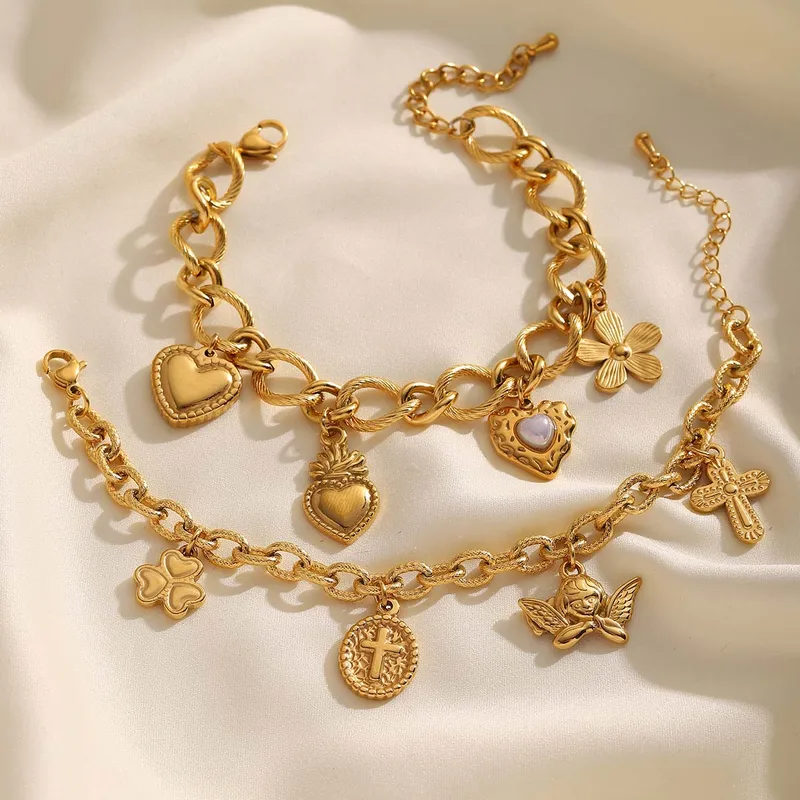 Wholesale Ion Plating (IP) 18K Gold Plated Cross Heart Shape Flower 304 Stainless Steel Elegant Religion Artistic Multi Charms Bracelet
