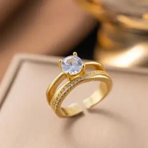 F1142 Copper Material-Double-Layer Single Diamond Ring Gold