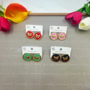 Butterfly Round Shape Oil Drop Earrings Random Color / 18k