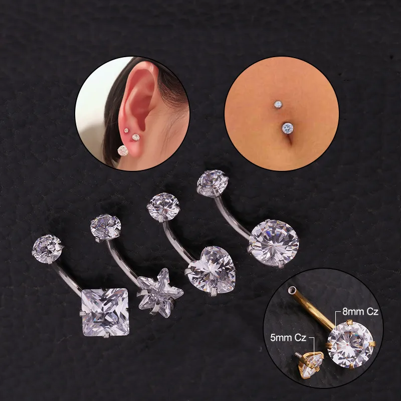 Wholesale 316L Stainless Steel Zircon Belly Rings Star Inlay 18K Real Gold Plated Women'S