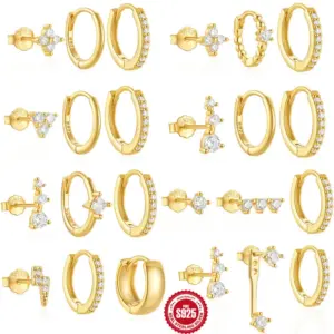 Wholesale 1 Set 925 Sterling Silver Zircon Geometric Hoop Earrings Ear Studs