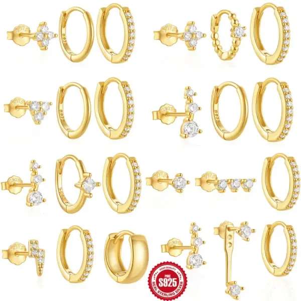 Wholesale 1 Set 925 Sterling Silver Zircon Geometric Hoop Earrings Ear Studs