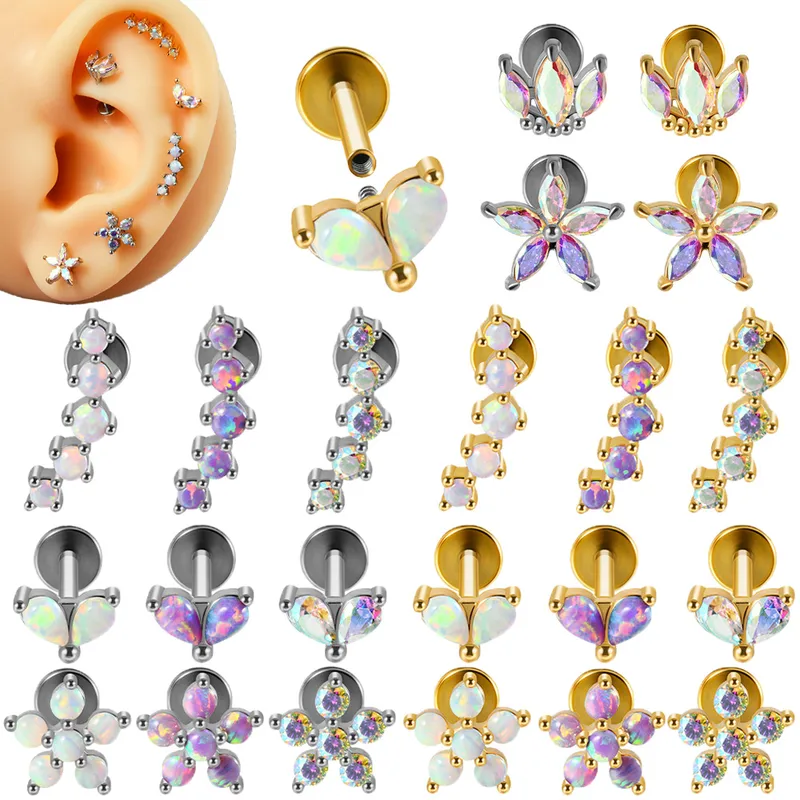 Wholesale Stainless Steel Arc Five Opal Labret Water op Horse Eye Zircon Ear Studs Internal Thread Ear Cartilage Ear Studs