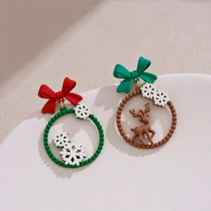 Silver needle: asymmetrical red and green bow + circle + snowflake elk earrings