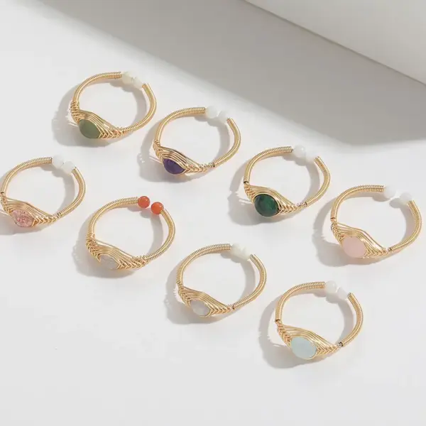 Wholesale Retro Round Natural Stone Copper 14k Gold Plated Rings