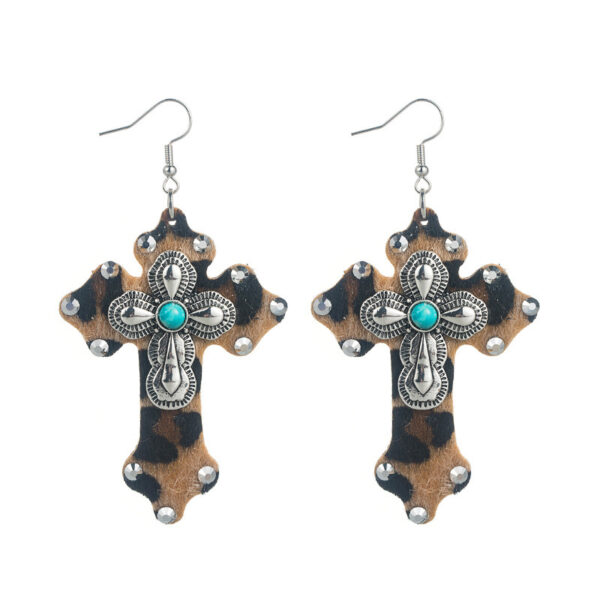Wholesale Amazon Explosions Earrings European and American Trend Leopard Leather Cross Earrings Alloy Set Turquoise Exaggerated Earrings