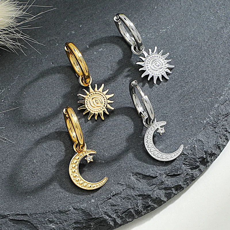 Wholesale INS Style Geometric Asymmetric Sun And Moon Patchwork Plating 304 Stainless Steel Earrings