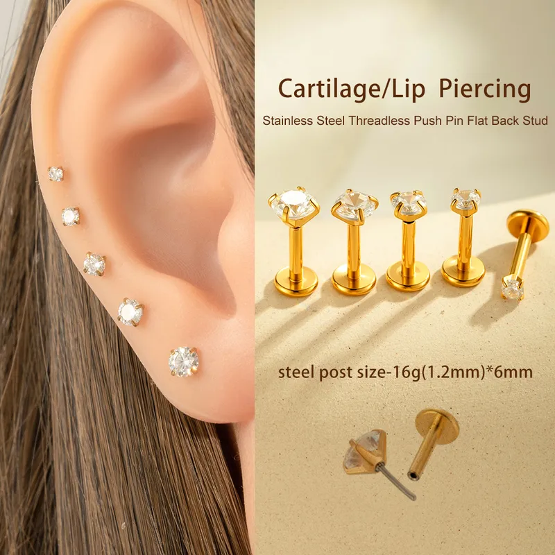 Wholesale 1 Piece Ear Cartilage Rings & Studs Simple Style Round 316L Stainless Steel Waterproof Non Tarnish Surgical Steel Zircon 18K Gold Plated