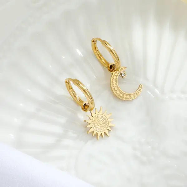 INS Style Geometric Asymmetric Sun And Moon Patchwork Plating 304 Stainless Steel Earrings