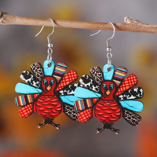 Wholesale Cross-Border New Thanksgiving Leopard Print Turkey Pendant Earrings Wooden Double-Sided Autumn Harvest Thanksgiving Party Earrings