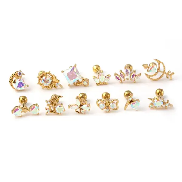 Copper Artificial Gemstones Ear Cartilage Rings & Studs Geometric Waterproof Non Tarnish Surgical Steel