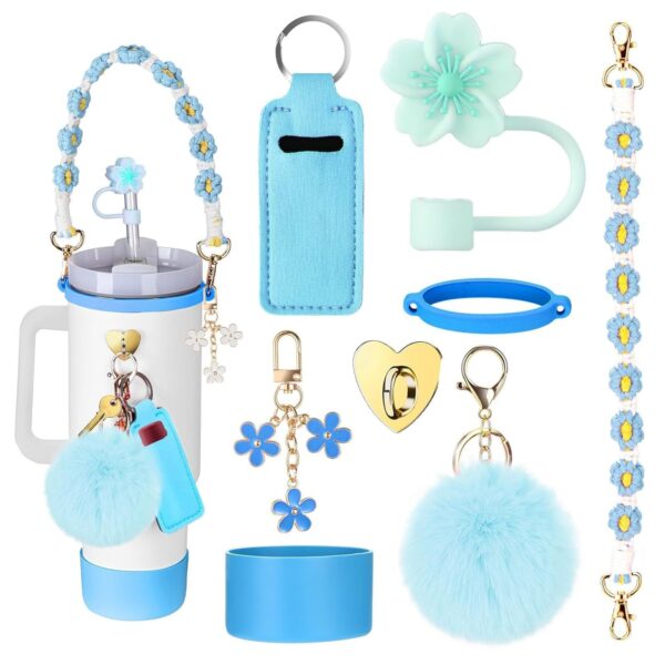 Wholesale Stanley Cup Decorative Straw Cap Cup Set Cup Chain Ins Colorful Begonia Flower Key Pendant Fur Ball Pendant