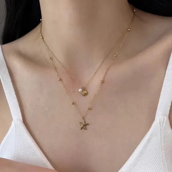 PVD Coated Real Gold Plated 18K Gold Starfish Shell 304 Stainless Steel Marine Style Simple Style Waterproof Non Tarnish 304 Stainless Steel Lobster Trigger Clasp Closure Double Layer Necklaces