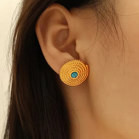 Wholesale 304 Stainless Steel Plastic Geometric Quadrilateral Round Electroplating December Birthstone Turquoise Imitation Gold Hip-Hop Novelty Tropical Inlay Multicolor-Golden Yellow Ear Studs