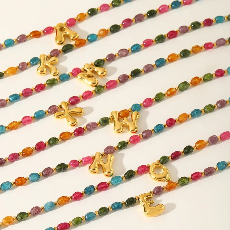 Wholesale Casual Elegant Classical Geometric Letter 304 Stainless Steel Natural Stone 14K Gold Plated 18K Gold Plated Natural Stone Beaded Chain Penda