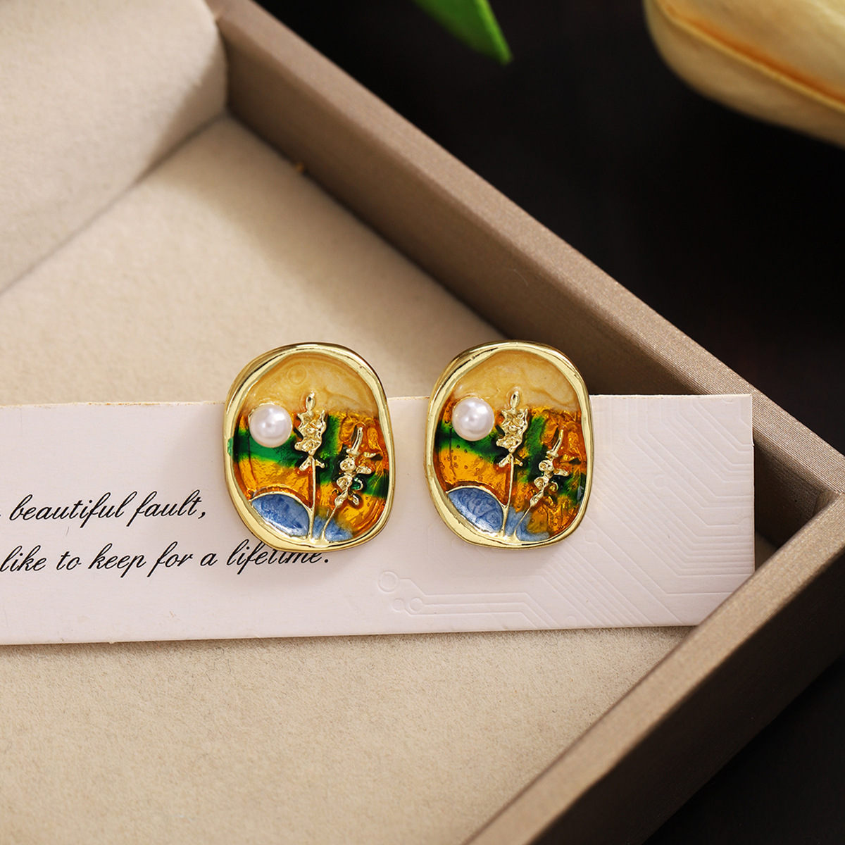 Wholesale Sier Needle French Retro Art Oil Painting Wheat Ear Earrings Light Luxury High-grade Oil opping Oval Sunset Pearl Earrings