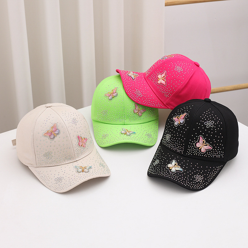 Wholesale New Hat, Comfortable and Breathable Linen Baseball Cap, Butterfly Diamond-Encrusted Outdoor Sunshade and Sun Protection Sun Hat, Peaked Cap