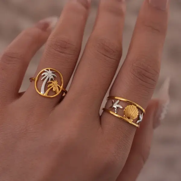 Wholesale PVD Coated Real Gold Plated 18K Gold Coconut Tree Starfish Ocean 304 Stainless Steel Retro Vacation Waterproof Non Tarnish Open Rings