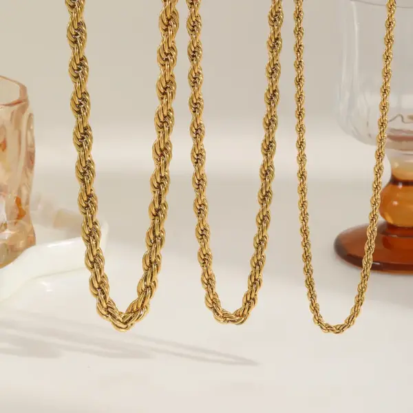 Real Gold Plated 304 Stainless Steel PVD Coated Solid Color Waterproof Non Tarnish Twisted Rope Chain Necklace