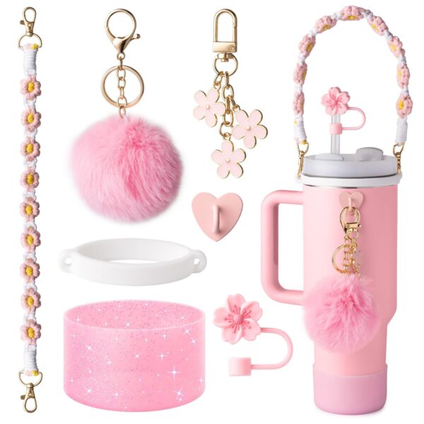 Wholesale Stanley Cup Accessories Silicone Flower Straw Cap Braided Portable Rope Water Cup Chain Keychain Pendant