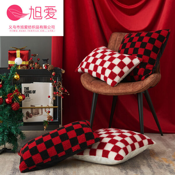 Wholesale Christmas red, black, and white checkerboard faux lambskin pillowcase