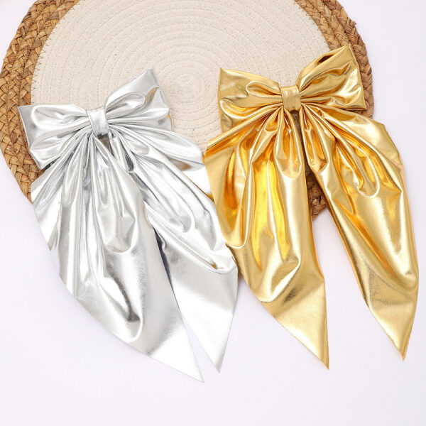 Wholesale Cross-border fashion shiny leather bow hair clip long ribbon spring clip gold and silver back hair clip holiday party hair accessory
