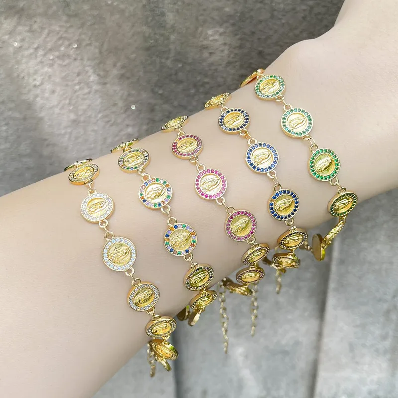 Wholesale Fashion Virgin Mary Copper Bracelets Splicing Gold Plated Zircon Copper Bracelets
