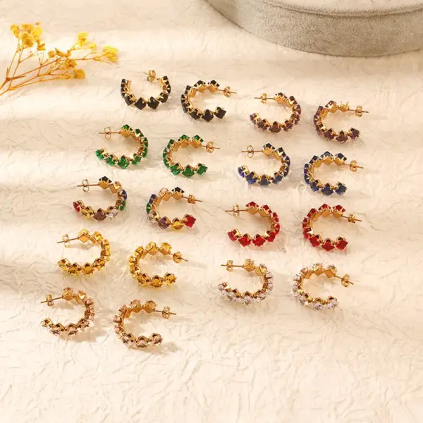Wholesale 304 Stainless Steel C Shape Rhombus PVD Coated Zircon 18K Gold Plated IG Style Baroque Style Shiny Waterproof Non Tarnish Inlay Royal Blue Red Gold Ear Studs