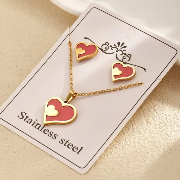 Fashion Style 304 Stainless Steel Water Plated Imitation Gold Double Heart Electroplated Jewelry Set For Women Cable Chain