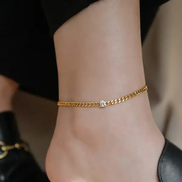 Classic Style Solid Color Chains Print Stainless Steel Inlay Zircon Women's Anklet