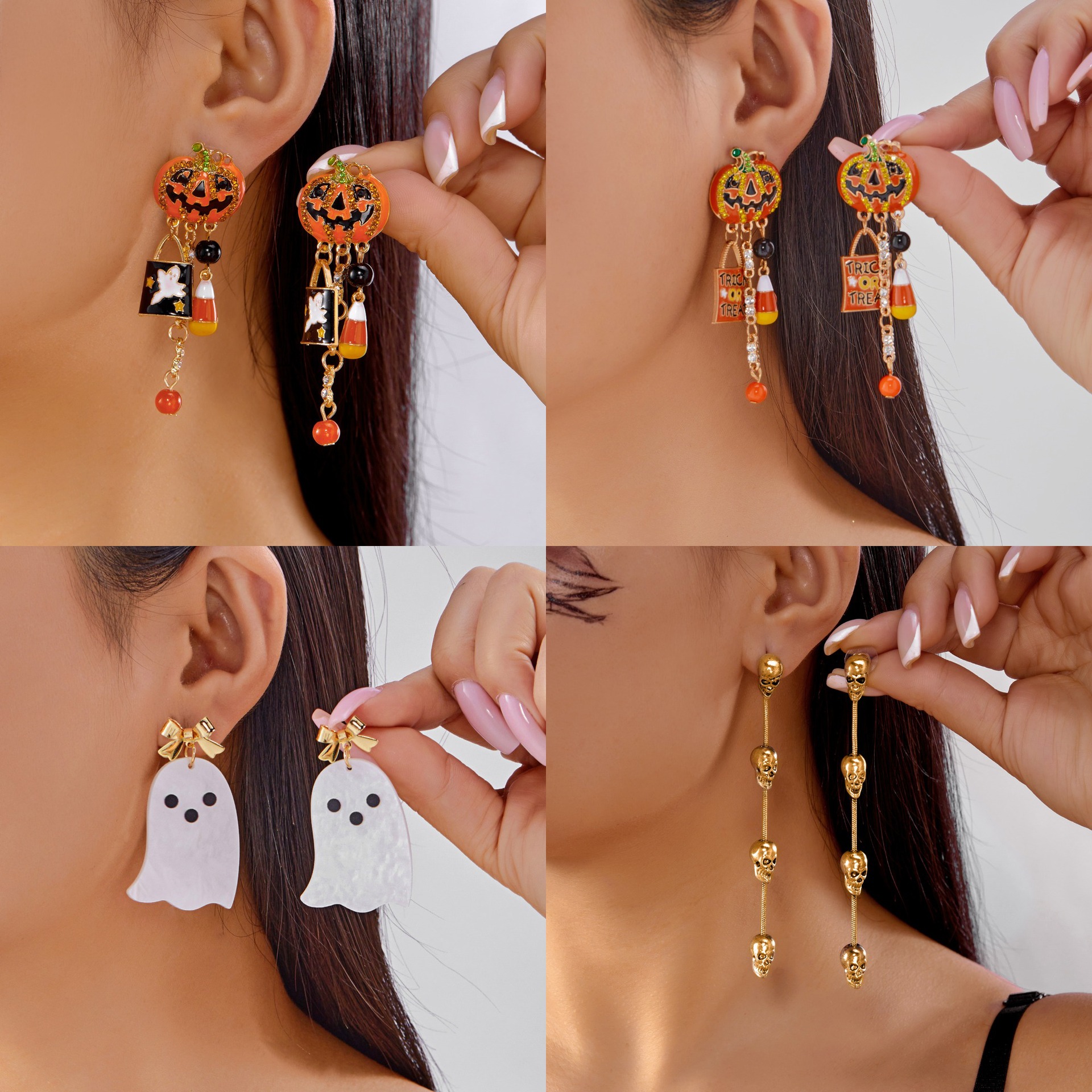 Wholesale New European and American cross-border Pumpkin Ghost Tassel Earrings with Rhinestones and Personalized Skull Earrings -