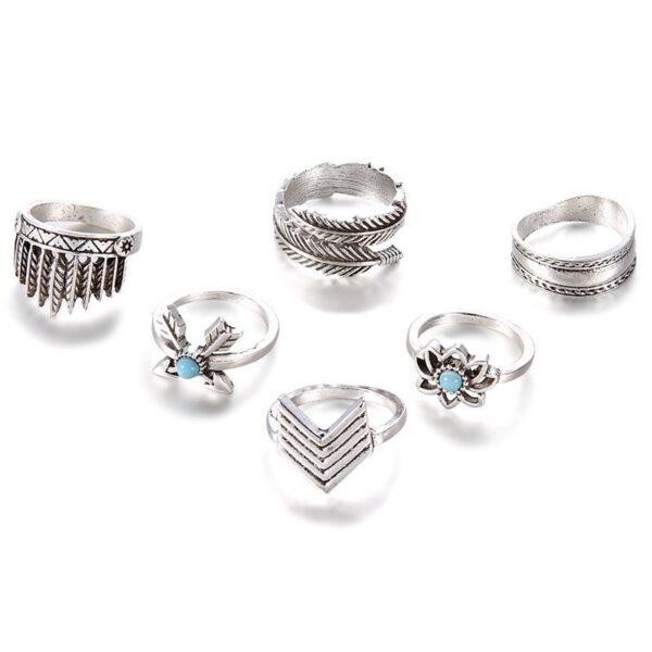 Wholesale European and American Cross-Border Popular Jewelry, Retro Carved Turquoise, Bohemian Style 6-Piece Set of Hand Jewelry Rings