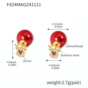 F424 - Red Beaded Christmas Reindeer Earrings