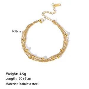 B5017 Golden Balls round Beads Three Chain Anklet Gold