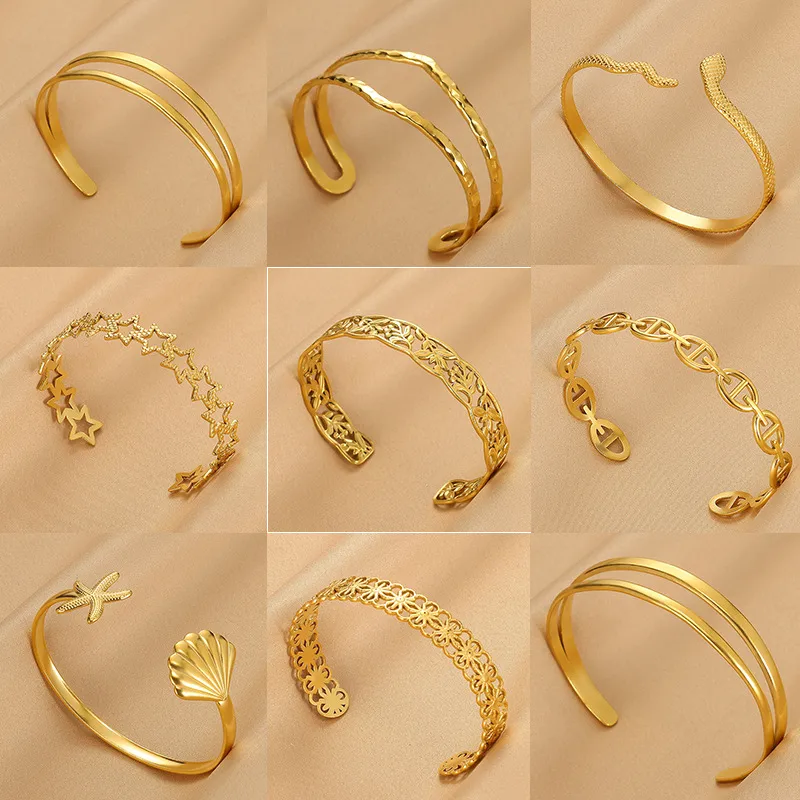 Wholesale PVD Coated Real Gold Plated Geometric 304 Stainless Steel Simple Style Classic Style Waterproof Non Tarnish 304 Stainless Steel Bangle